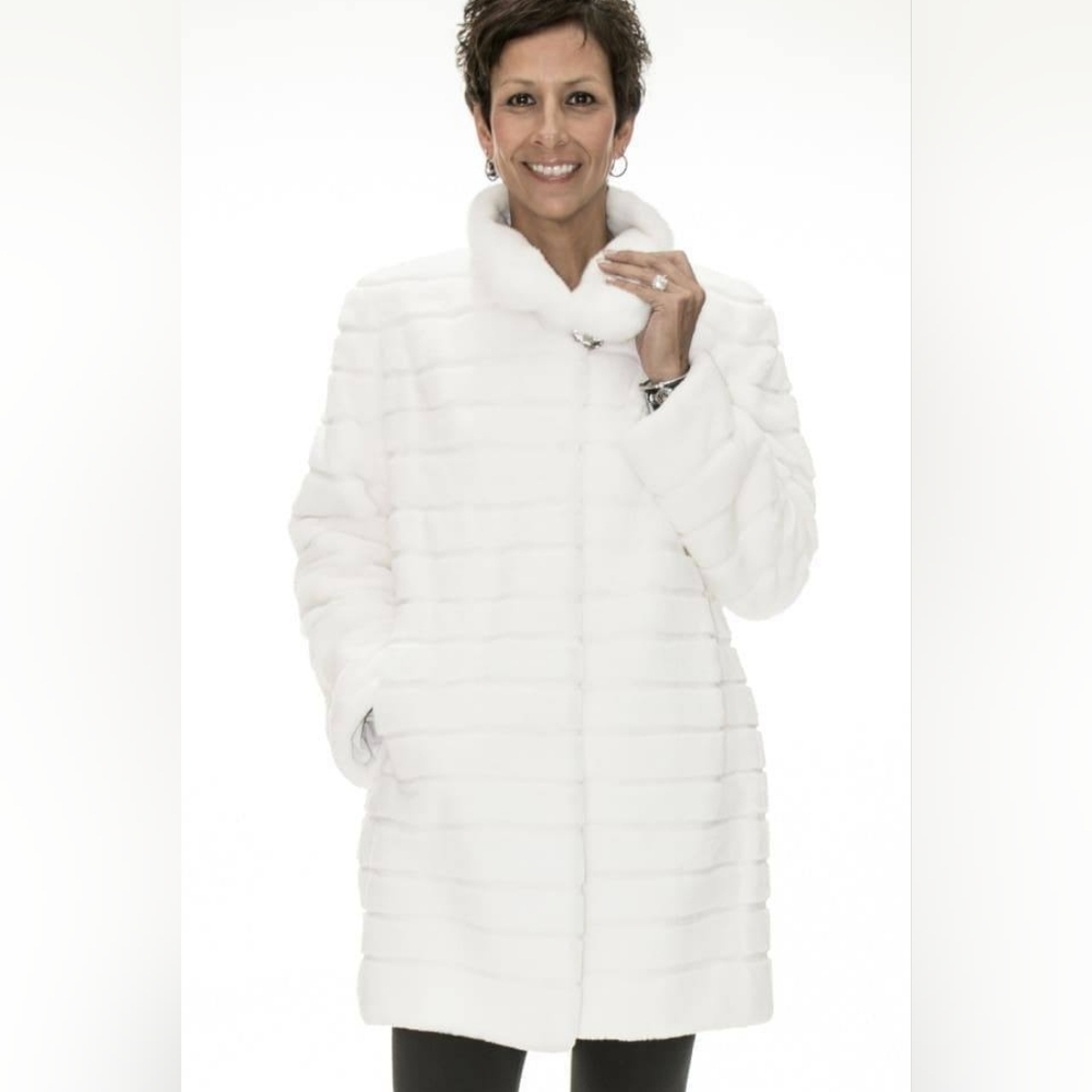 CLEARANCE White Sheared Rex Rabbit Fur 33” Coat With Mink Fur Collar